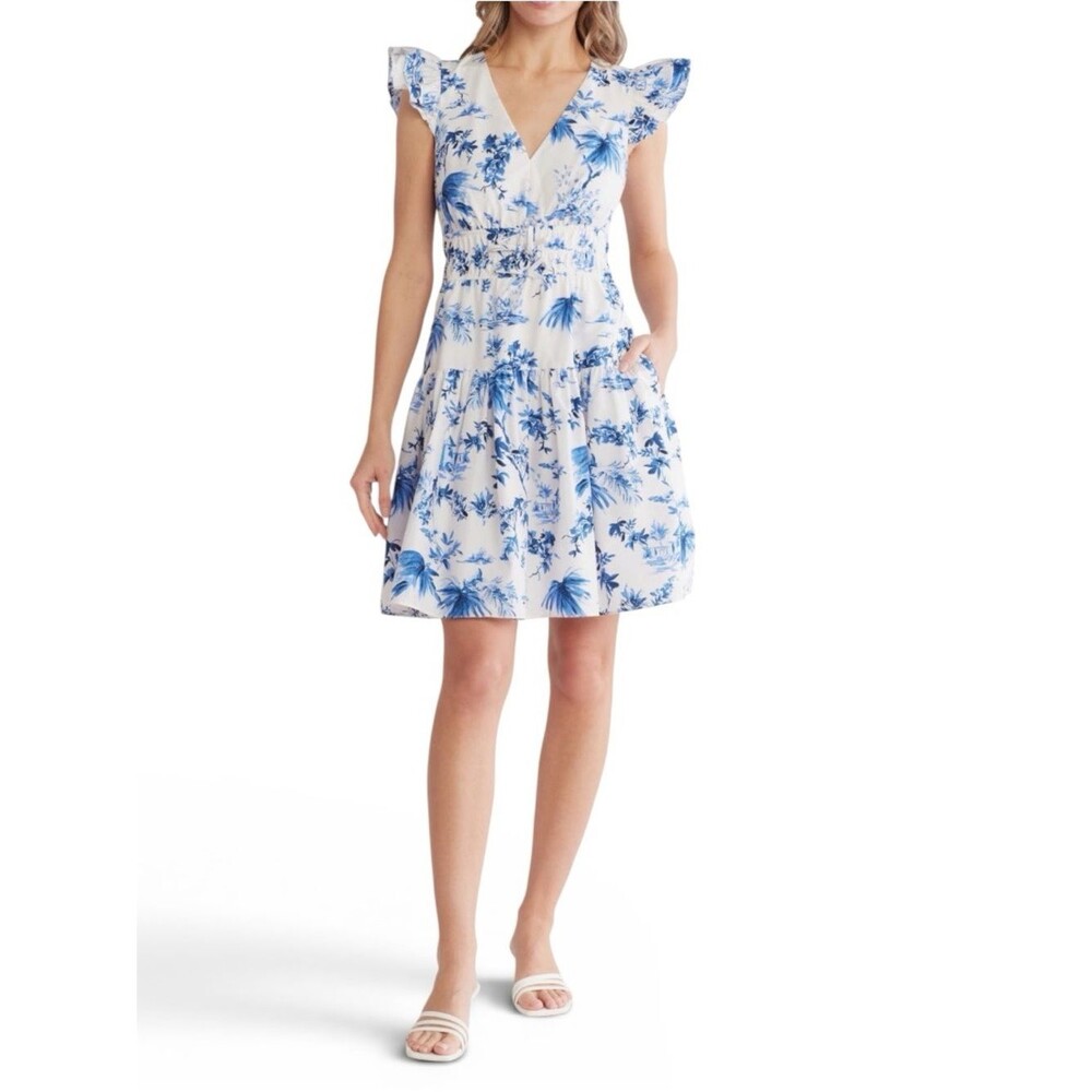 Vince Camuto Floral Cap Sleeve 100% Cotton Fit and Flare Dress in Womens Size 4